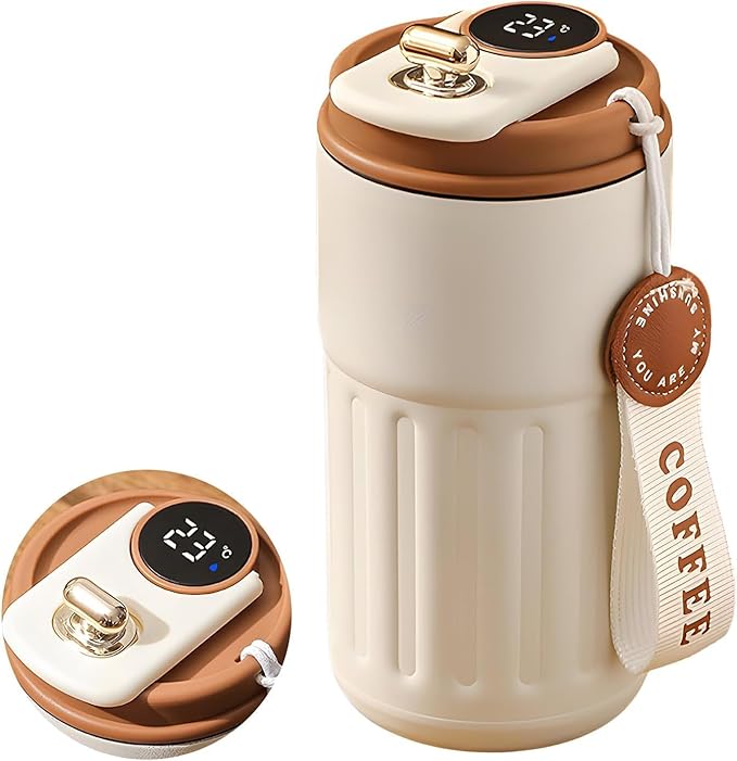 460ml Insulated Travel Coffee Mug Vacuum Flasks Car Mug with Temperature Display, 316 Stainless Steel Vacuum Coffee Cup, Leakproof Tumbler Thermal Mug, Beige