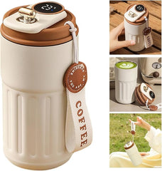 460ml Insulated Travel Coffee Mug Vacuum Flasks Car Mug with Temperature Display, 316 Stainless Steel Vacuum Coffee Cup, Leakproof Tumbler Thermal Mug, Beige