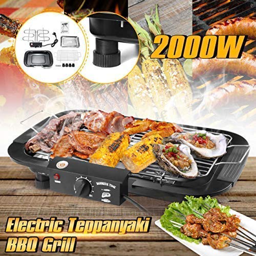 Smokeless Electric Grill BBQ Barbecue BBQ Grill 2000W with Thermostat, Water Filled Drip Tray, with 5 levels of Temperature Adjustment