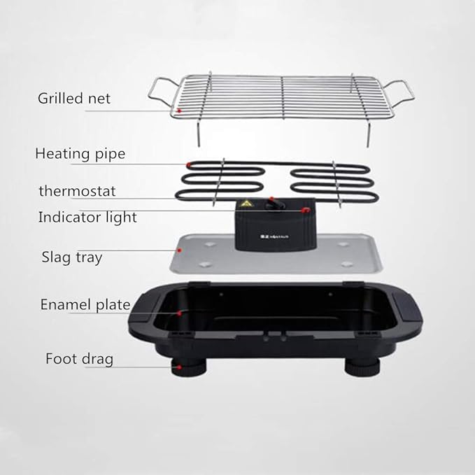 Smokeless Electric Grill BBQ Barbecue BBQ Grill 2000W with Thermostat, Water Filled Drip Tray, with 5 levels of Temperature Adjustment