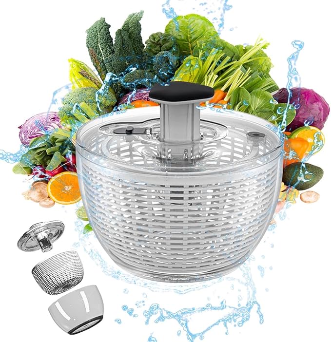 Salad Spinner, Vegetable Washer Manual Reusable Quick Dry Versatile Professional Fruit Washer Spinner Veggie Dryer Draining Basket Lid Removable One-Handed Pump Fruit Bowl&Colander