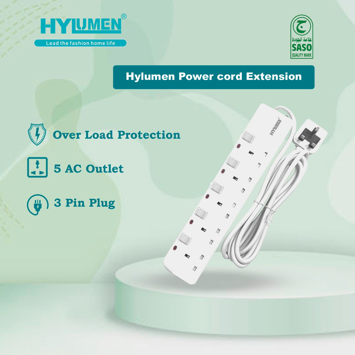 Hylumen 5 Socket Extension Cord - 3 Meter, Heavy Duty, Multi-Plug Power Strip for Home & Office, Surge Protection