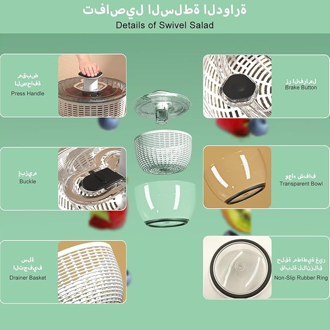 Salad Spinner, Vegetable Washer Manual Reusable Quick Dry Versatile Professional Fruit Washer Spinner Veggie Dryer Draining Basket Lid Removable One-Handed Pump Fruit Bowl&Colander