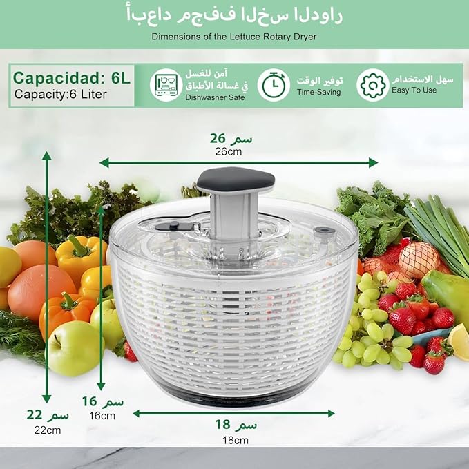 Salad Spinner, Vegetable Washer Manual Reusable Quick Dry Versatile Professional Fruit Washer Spinner Veggie Dryer Draining Basket Lid Removable One-Handed Pump Fruit Bowl&Colander