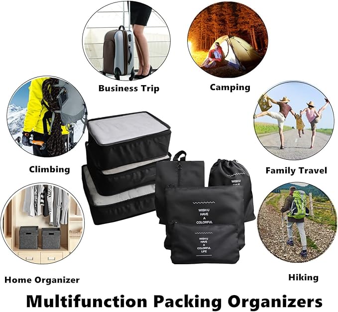 Travel Organizer - Set of 7 Portable Reusable Travel Luggage for Suitcase Organizer, Storage Bag, Compression Bag, Travel Bag with Zipper (Black)